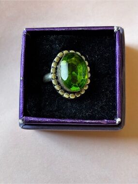 Silver-Tone Green Oval Gemstone Cocktail Ring